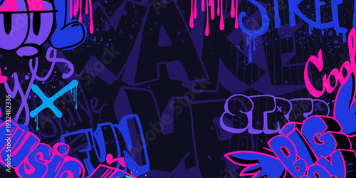 Urban hiphop or rap street art background with vibrant graffiti pattern and cool underground print. Abstract vector banner in neon colors, dynamic music culture atmosphere, grunge city wall design