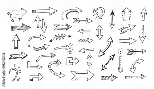A versatile collection of various handdrawn doodle arrows and directional pointers suitable for infographics, navigation, and educational presentations.