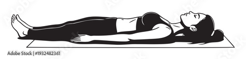 Relaxed woman lying down on a mat with eyes closed, perfect for illustrating health wellness yoga and mindfulness content for various media applications