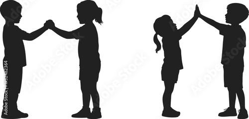 Children giving high five silhouette isolated on white background, friendship teamwork cooperation concept illustration for school activity and playful interaction