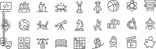Set of outline icons related to extracurricular clubs. Linear icon collection. Editable stroke. Vector