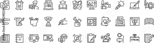 Set of outline icons related to content creation, media. Linear icon collection. Editable stroke. Vector