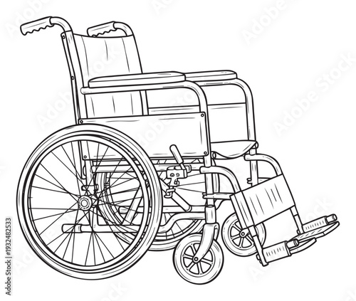 Durable mobility aid wheelchair line drawing essential for healthcare, rehabilitation, and accessibilitythemed marketing materials or educational resources