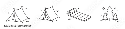 Minimalist line icons depicting various outdoor camping essentials, including two distinct tents, a rolled sleeping mat, and a cluster of forest pine trees, ideal for use in modern web and