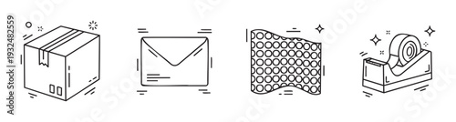 Modern essential shipping and packaging supplies including a sealed cardboard box, a mailing envelope, protective bubble wrap, and a functional tape dispenser, perfect for logistics and