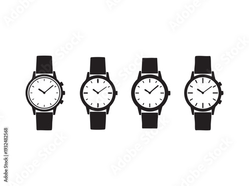 Set of wrist watch icons with black leather straps and white round faces in flat design