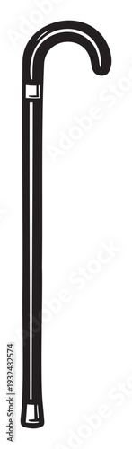 A classic black and white walking cane icon representing mobility support and assistance for the elderly, perfect for healthrelated applications, public signage, or informational graphics