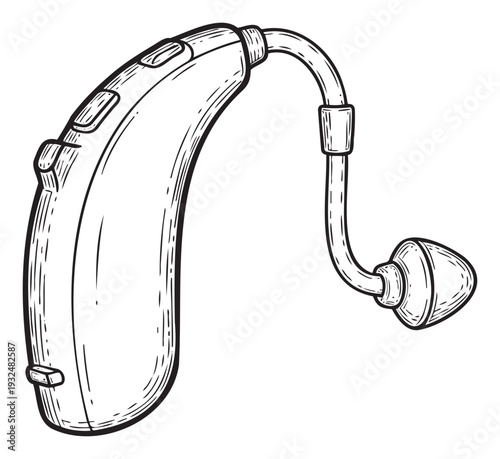 Detailed line drawing of a modern behindtheear hearing aid device, perfect for medical and healthcare communications, educational materials, or audiology product presentations.