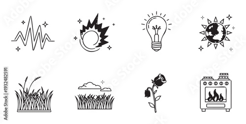 Line icons symbolizing diverse elements including pulsating energy, powerful explosion, bright idea, solar globe, growing grass, cloudy nature, wilting flower, and cooking stove for science