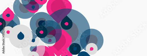 Abstract circles overlap, creating vibrant pinks, blues, whites. Minimalist design suggests movement, energy, modern aesthetic.