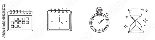 Collection of hand drawn time and schedule related icons perfect for planning appointments, tracking events, and managing deadlines in various digital applications