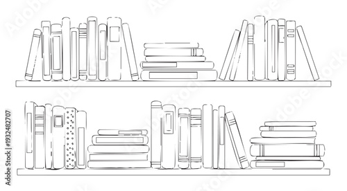 Hand drawn black and white books on two shelves perfect for educational materials, literary themes, or minimalist graphic projects emphasizing reading and learning concepts
