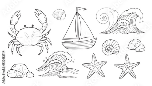 Oceanic collection featuring various marine life elements such as crab, sailboat, seashells, starfish, and waves, ideal for summer vacation themes and beachinspired projects