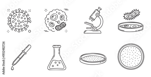 Essential microbiology and science laboratory equipment vector line icons for educational materials, medical research presentations, and scientific communication designs.