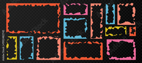 Torn paper color frames with jagged edges, vector illustration set isolated on transparent background. Vintage collage elements, poster borders with rough grunge paper texture.