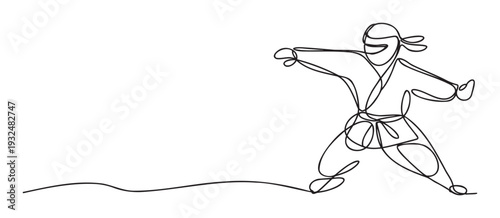 A dynamic continuous line drawing of a martial artist in an action stance, perfect for sports event promotions, fitness inspiration, or contemporary marketing materials.