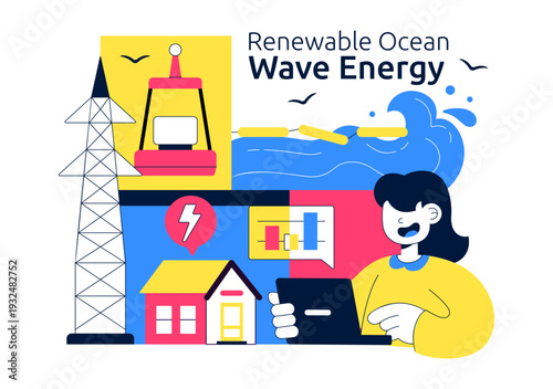 Renewable Ocean Wave Energy Technology Vector Illustration Featuring Sustainable Power Generation On Clean Blue Marine Background