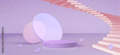 3D stair podium with round platform and glass circles realistic vector background. Modern staircase stage with purple cylinder stand for product display. Minimalist studio room bg for presentation
