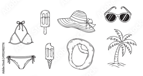 A charming collection of hand drawn black and white summer vacation essential items like a bikini, sun hat, sunglasses, ice cream, swimming ring, and palm tree, perfect for holidaythemed