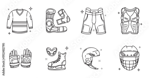 Curated collection of essential ice hockey player equipment and protective gear including helmet, jersey, skates, and pads suitable for sports graphics and educational content.