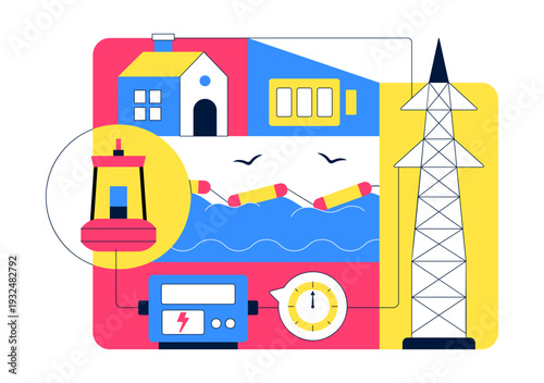 Renewable Ocean Wave Energy Technology Vector Illustration Featuring Sustainable Power Generation On Clean Blue Marine Background