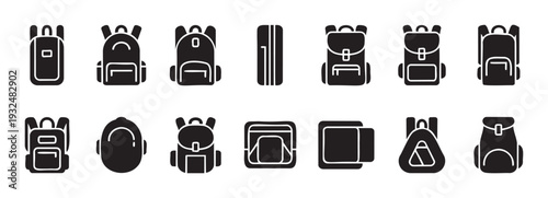 A versatile collection of diverse backpack and bag icons suitable for web graphics, mobile applications, travel themed projects, educational content, and outdoor adventure visuals.