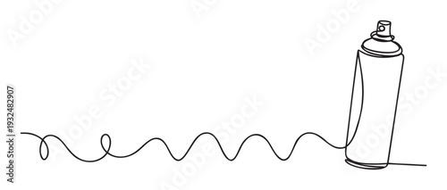 Continuous line drawing of a black spray paint can emitting a flowing wavy stream, perfect for banners, posters, web graphics, or packaging representing urban culture and spontaneous