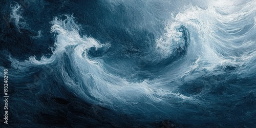 turbulent deep blue ocean waves with foamy white crests in dramatic swirling motion, powerful and restless