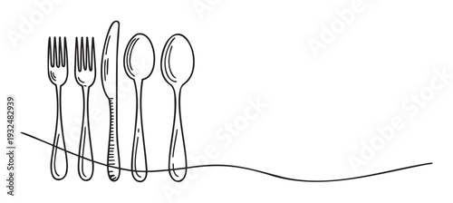 A minimalist single continuous line drawing showcasing a collection of essential dining cutlery, including forks, a knife, and spoons, ideal for modern restaurant branding, food service