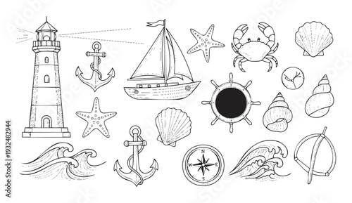 Black line drawings of various sea themed elements including a lighthouse, sailboat, anchors, starfish, crab, seashells, ship wheel, waves, and compass for maritime designs.
