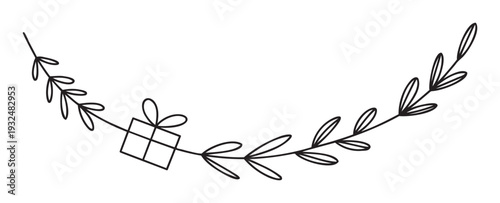 Decorative line drawing of a charming curved botanical branch adorned with delicate leaves and a celebratory gift box perfect for holiday greeting cards and event decor