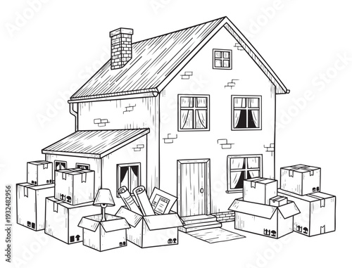Handdrawn house surrounded by many cardboard moving boxes, depicting a family relocation or new home purchase, ideal for real estate agencies and moving company promotions.