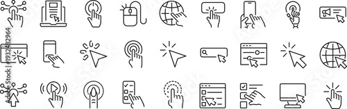 Set of outline icons related to click, cursor. Linear icon collection. Editable stroke. Vector