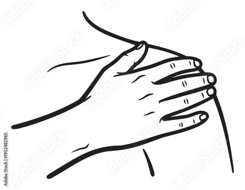 Simple line drawing of a persons hand gripping their shoulder, representing stress relief, muscle tension, or the need for a massage, perfect for healthcare brochures and educational