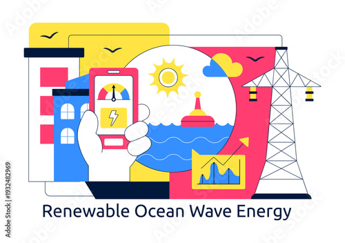 Renewable Ocean Wave Energy Technology Vector Illustration Featuring Sustainable Power Generation On Clean Blue Marine Background