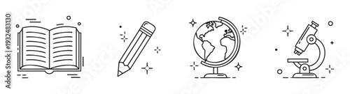 Modern education themed line icons presenting an open book, a wooden pencil, a world globe, and a laboratory microscope, ideal for school supplies and learning applications.