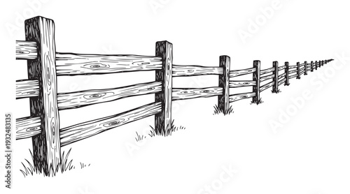 A rustic handdrawn wooden fence extending into the horizon creates a strong sense of depth, ideal for naturethemed graphic projects and traditional outdoor branding.
