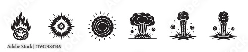 Graphic symbols depicting different types of explosions, fiery impacts, and energetic blasts suitable for warning labels, action game user interfaces, or instructional materials.