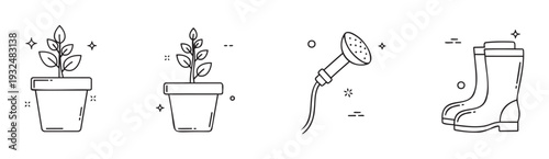 Collection of line icons for gardening and plant cultivation showing potted seedlings, water spray, and protective footwear for home gardening guides and naturethemed graphics.