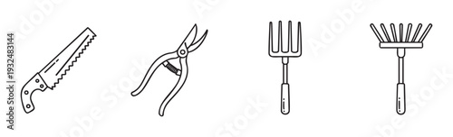 Gardening tools line icons for agricultural websites, farming applications, horticulture blogs, and outdoor landscaping projects.