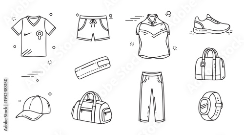 A versatile collection of linear sports and fitness icons featuring athletic apparel, accessories, and gear for health, workout, and active lifestyle applications