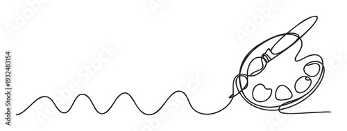 Continuous one line drawing of a painters palette with a paintbrush creating a flowing wavy line, perfect for creative educational material and artistic marketing presentations
