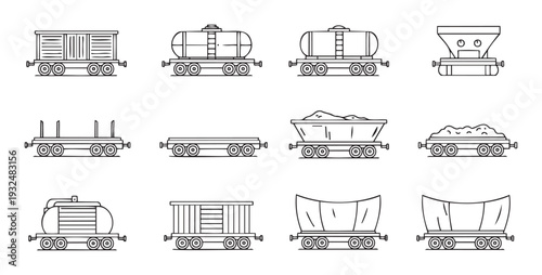 Collection of outline icons depicting various railway freight wagons and cargo train cars, perfect for transportation logistics graphics, industrial infographics, mobile application