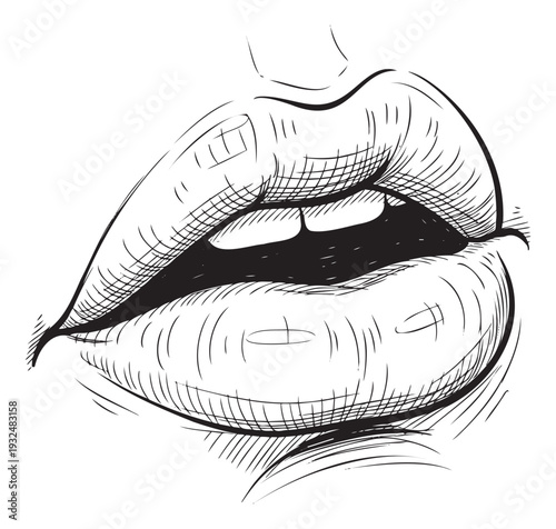 Expressive sensual female lips with an open mouth drawn in a classic black and white sketch style, perfect for beauty product branding, magazine covers, or seductive graphic novel