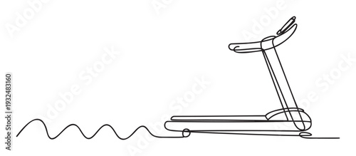 Minimalist continuous line drawing of a treadmill with an energetic wavy path, perfect for conveying a sense of fitness journey and active lifestyle on various digital platforms