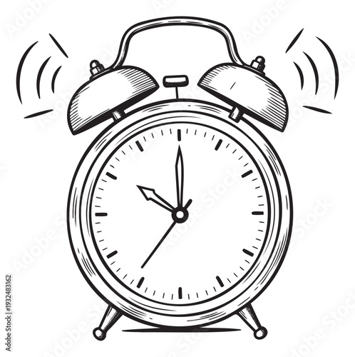 Classic hand drawn alarm clock ringing loudly to signal urgent time management or a wake up call for morning routines and deadlines
