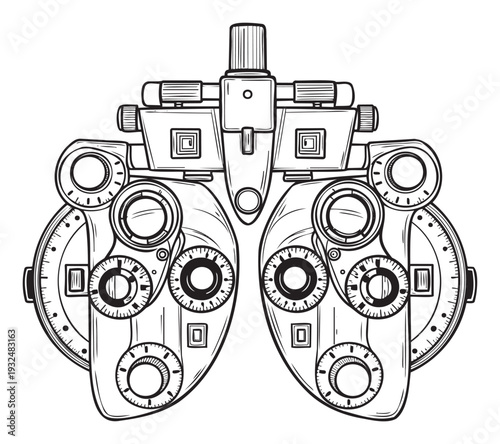 Ophthalmic phoropter instrument used by optometrists and ophthalmologists for vision testing and eye examinations in health care and medical settings