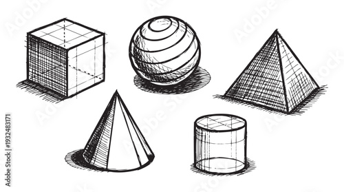 Hand drawn collection of basic geometric shapes including a cube sphere pyramid cone and cylinder perfect for educational materials or architectural drafting inspiration