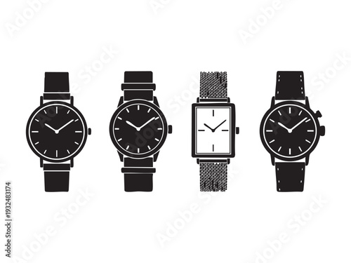 Assortment of black wristwatches with different faces and straps for fashion