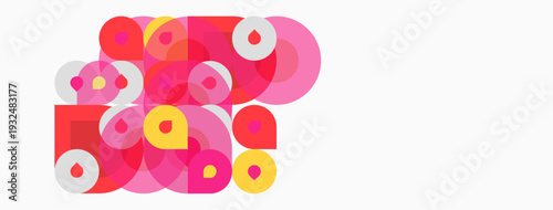 Abstract composition featuring overlapping circles. Pink, red, yellow hues dominate design. Minimalist aesthetic, clean background present.